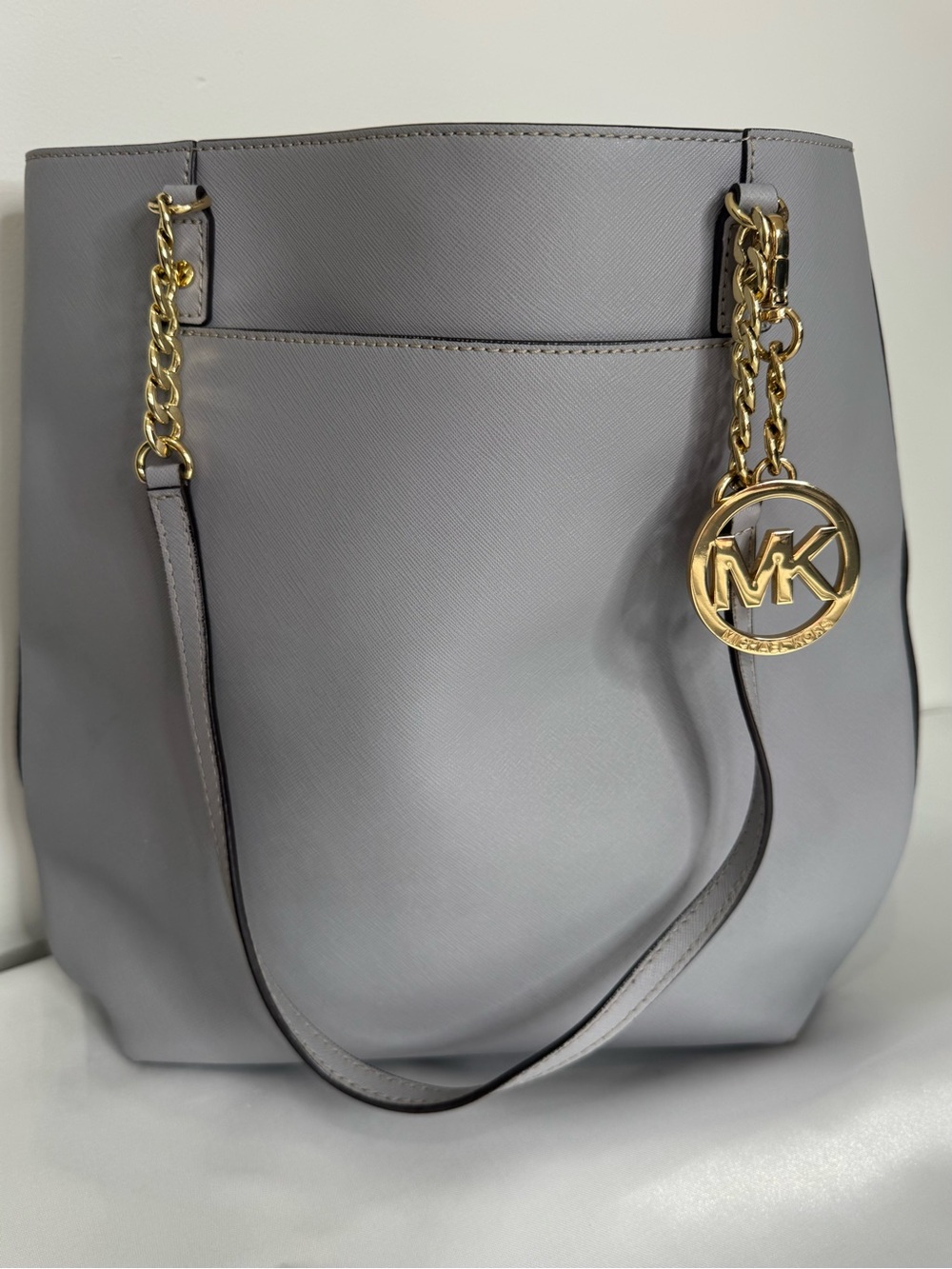 Michael Kors Light Blue-Gray Saffiano Tote with Gold MK Charm